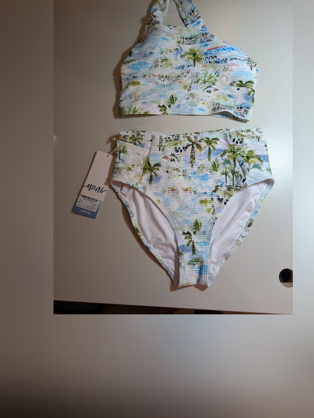 Nani Woman's Small White Tropical Palm High-Waist Bikini Set